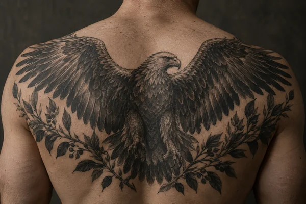 AI-generated reference of an eagle and botanical tattoo across an adult man’s upper back