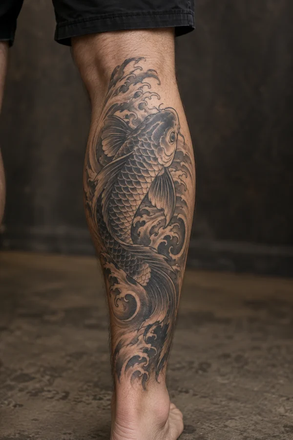 AI-generated reference of a koi and flowing water tattoo on a calf