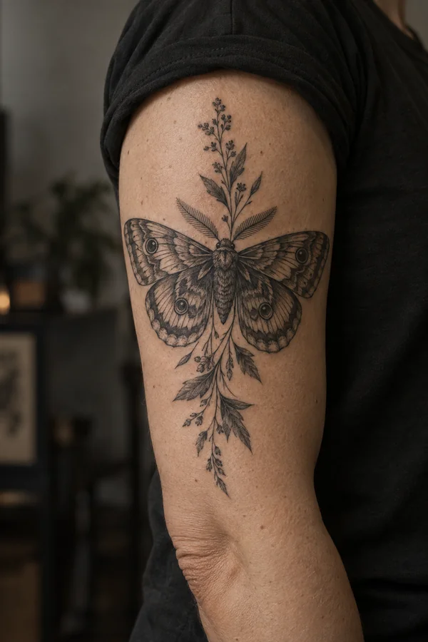 AI-generated reference of an engraved moth tattoo on an upper arm