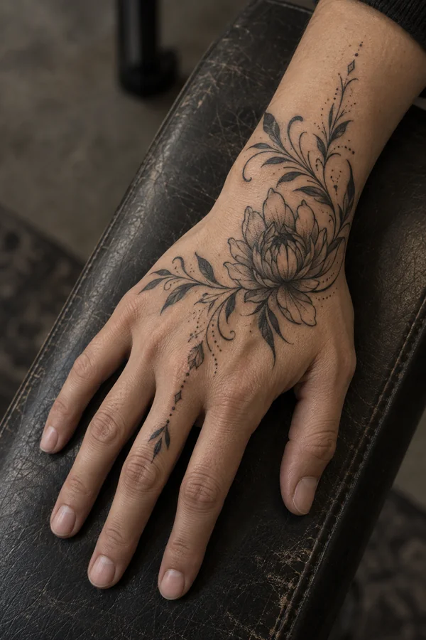 AI-generated reference of an ornamental floral tattoo on a hand and wrist