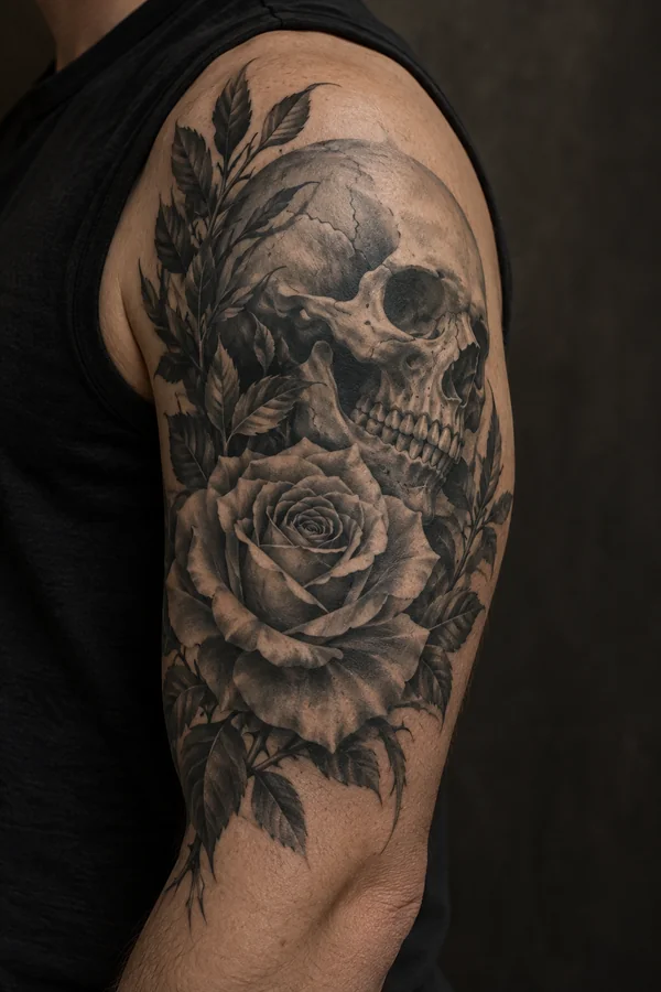 AI-generated reference of a skull and rose tattoo on an upper arm