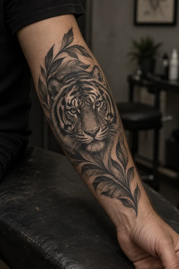 AI-generated reference of an illustrative tiger tattoo on a forearm