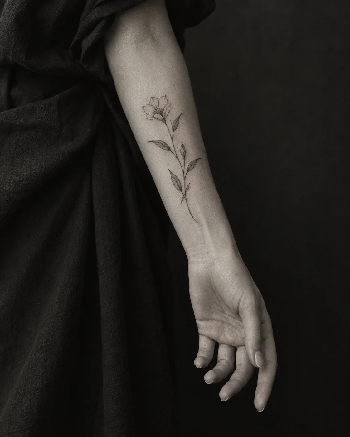 Concept reference of a fine-line botanical tattoo on a forearm